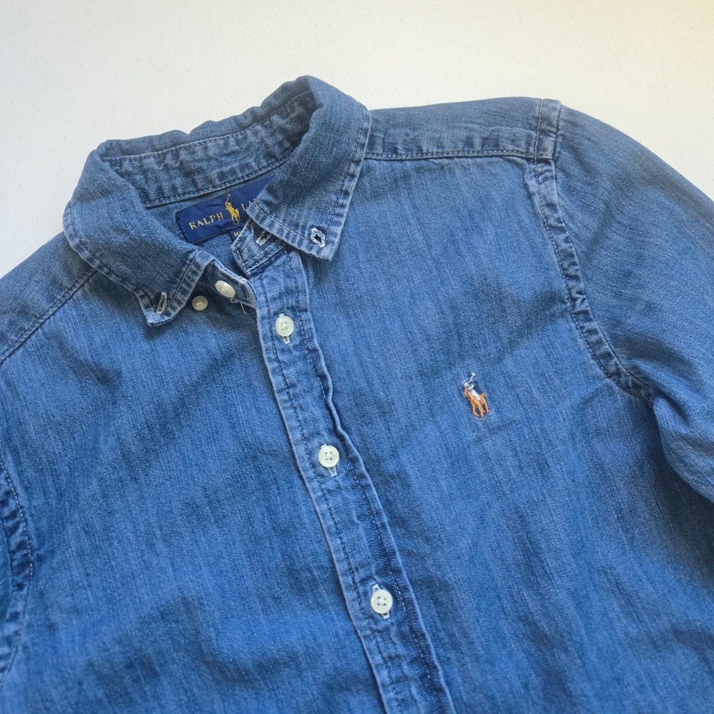 Ralph Lauren Kids Blue Denim Button Down Shirt Medium 10-12 Long Sleeve Pony